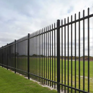 modern wrought iron fence along a wide open east texas field